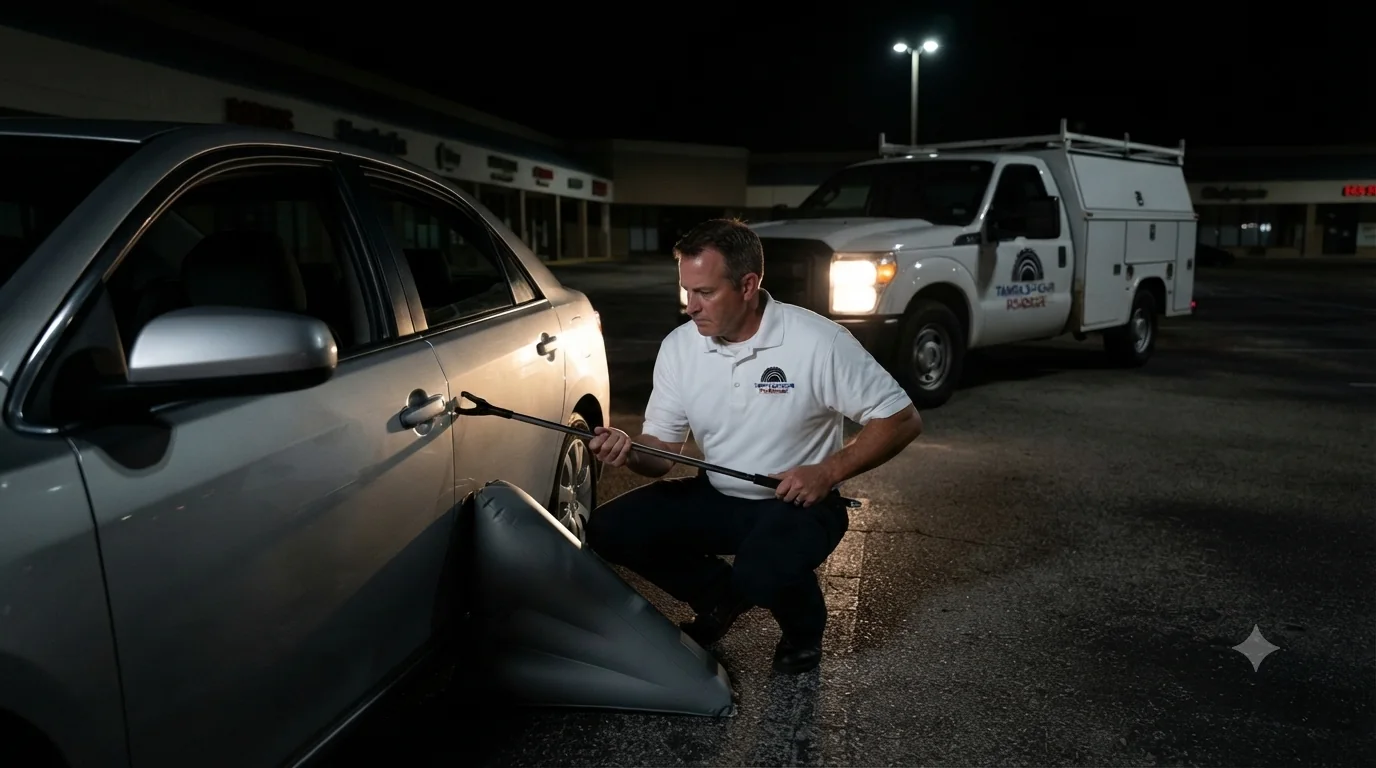 Tampa 24 Hour Roadside technician performing a car lockout at night in a parking lot with the service truck nearby