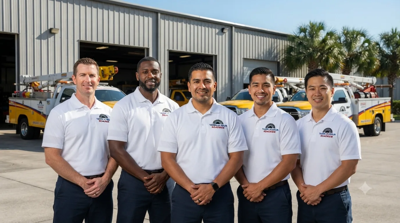 The Tampa 24 Hour Roadside assistance team standing in front of their service trucks in Tampa, Florida