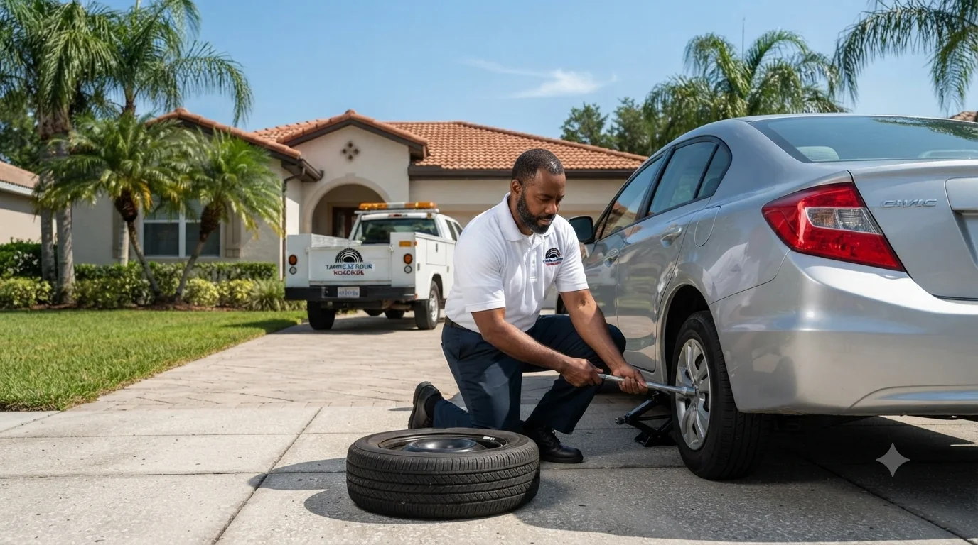 Tampa 24 Hour Roadside worker lifting a spare tire in a residential driveway while replacing a flat