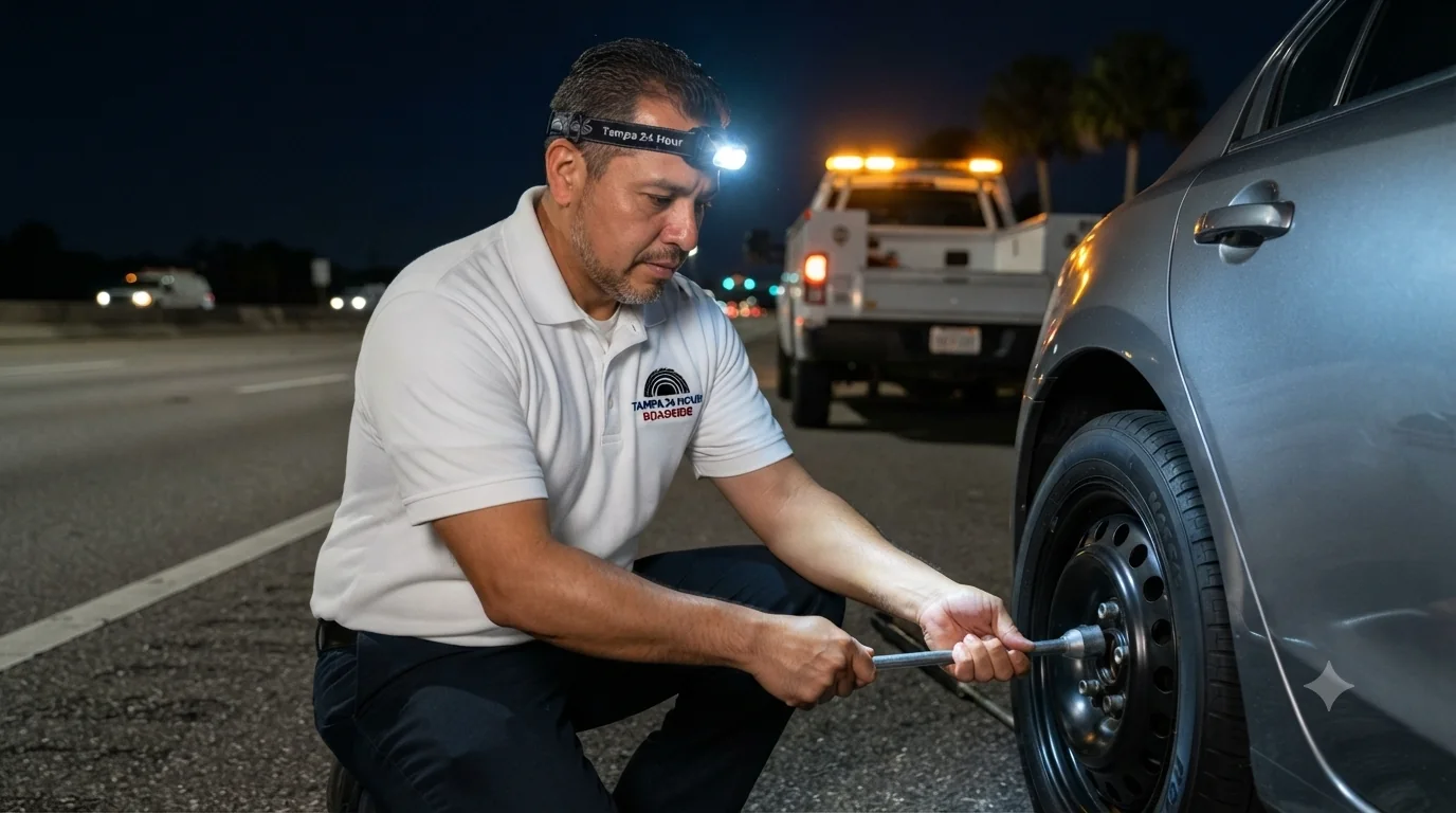 Tampa mobile battery technician jump-starting a car in a driveway at dusk with the service truck behind