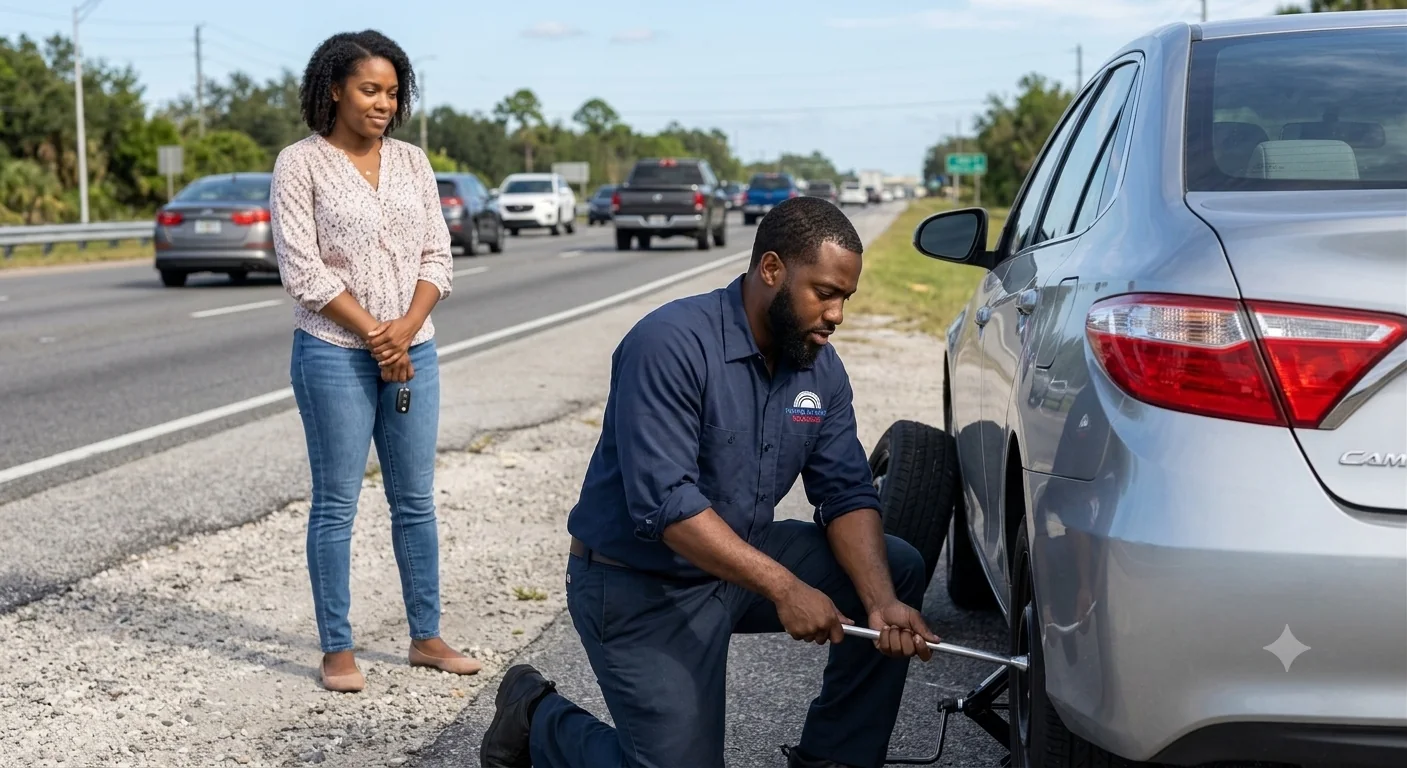 Tampa 24 Hour Roadside technician kneeling to change a flat tire on a silver sedan along a Tampa highway shoulder